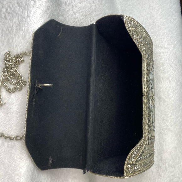 Vintage Mosaic Silver and Mother of Pearl Clutch with Chain Strap - Picture 3 of 9